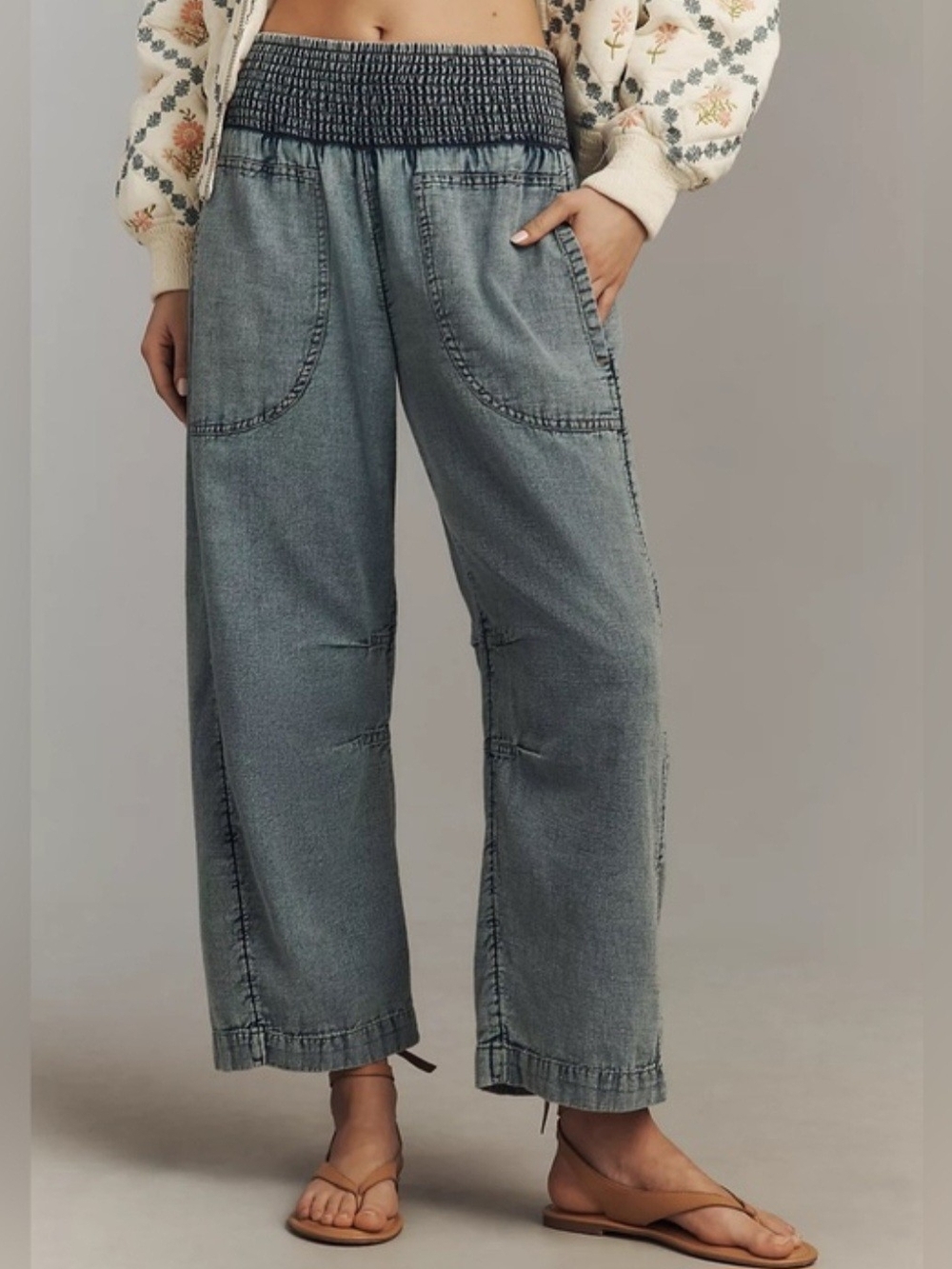 Anthropologie Gray Smocked-Waist Wide-Leg Jeans